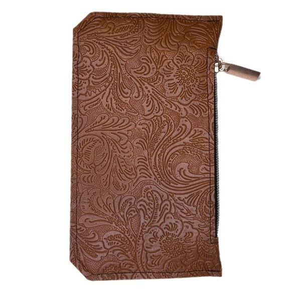 Wallet brown vinyl with tooled pattern rose gold plastic zipper Handmade - Picture 2 of 8